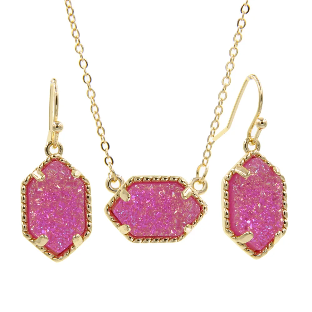 Gold Color Mini Iridescent Drusy Pendant Necklace With Drop Earrings Fashion Jewelry Sets