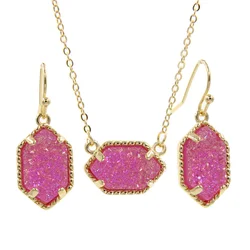 Gold Color Mini Iridescent Drusy Pendant Necklace With Drop Earrings Fashion Jewelry Sets