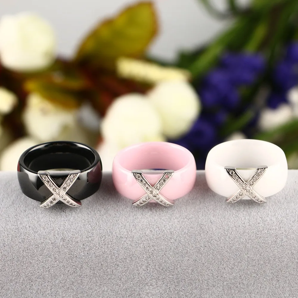 Fashion Jewelry Women Ring With AAA Crystal 8 mm X Cross Pink Black White Ceramic Rings For Women Men Plus Big Size Wedding Ring