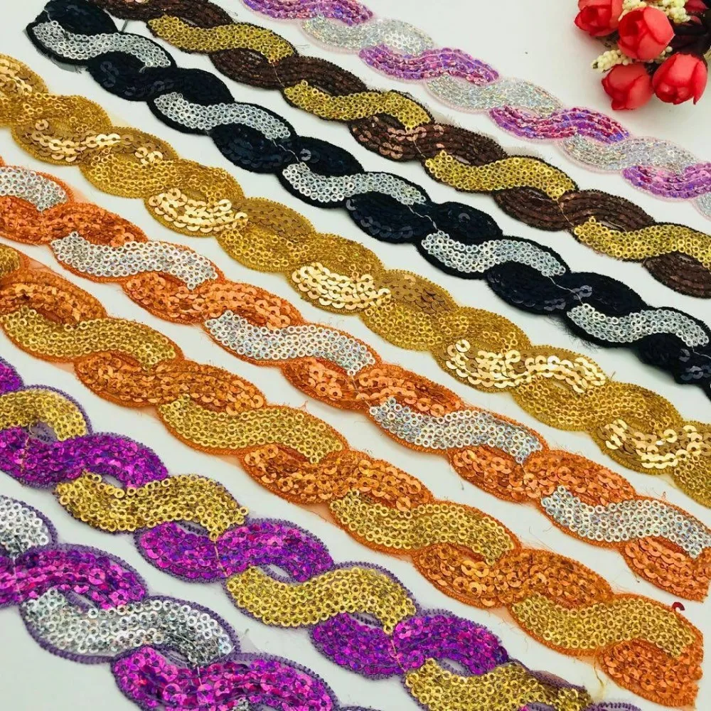 17 yards/lot 3cm twisted shape red sequins lace black gold silver purple sequins ribbon lace for dancing garments embellishment