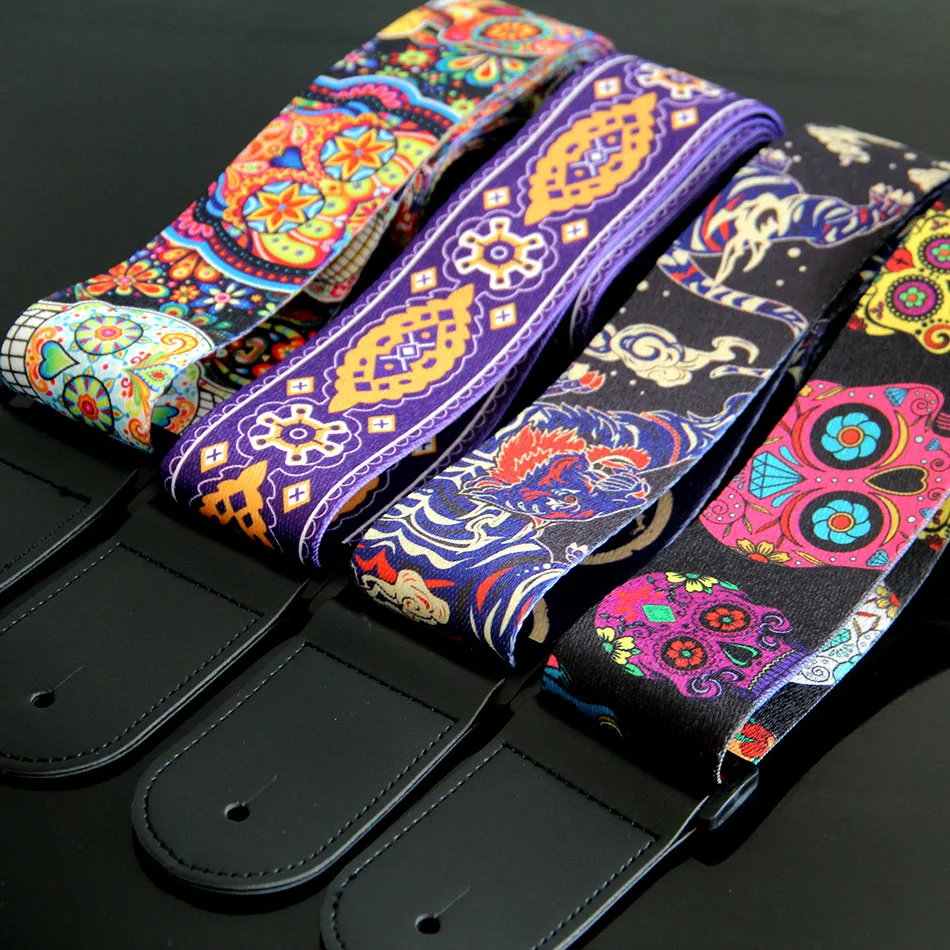 New 5 Colors Vintage Flowers Stripes Acoustic Electric Guitar Strap Woven Embroidery Fabrics Leather Ends Strap