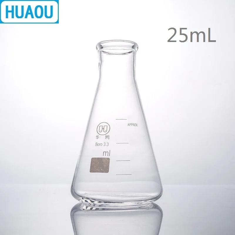 Huaou 25 Ml Erlenmeyer Flask Borosilikat 3.3 Gelas Narrow Neck Kerucut Segitiga Labu Laboratorium Kimia Peralatan