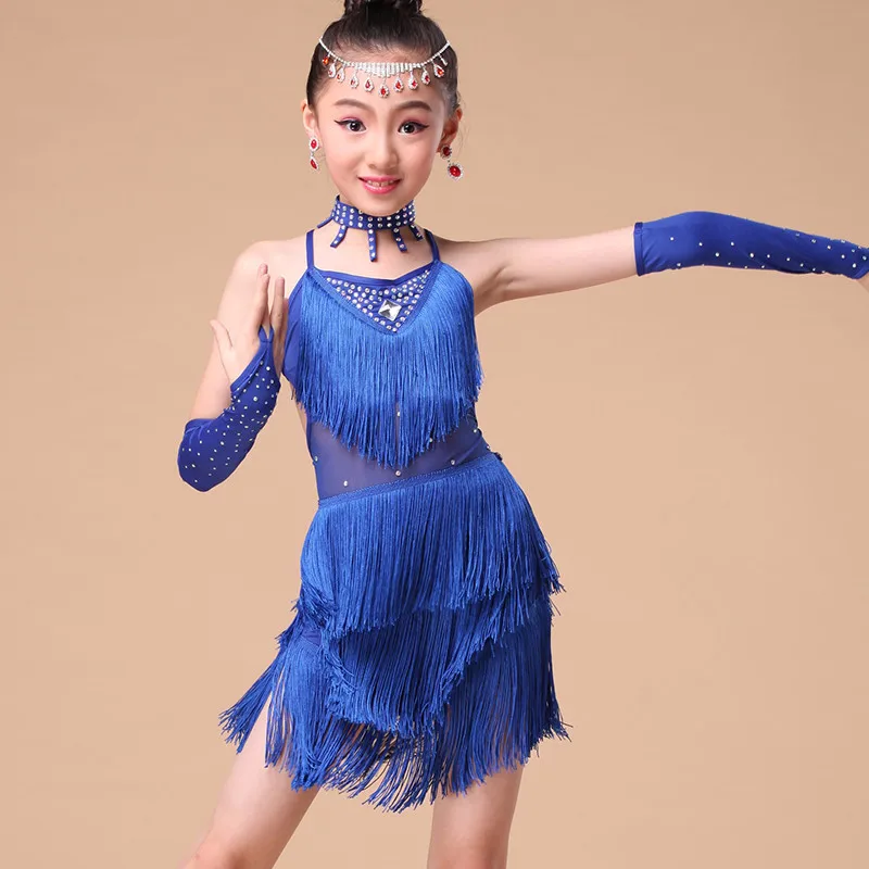 Blue Red Rose Girl Fringe Paillette Latin Dance Dress for Girls Tassel Salsa Kids Ballroom Dresses Tango Costume