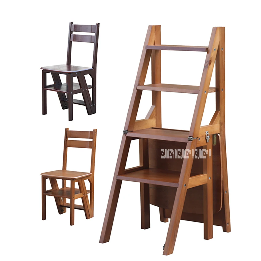 Multi-functional Four-Step Library Ladder Stool Solid Wood Ladder Chair Household Folding Wooden Chair Step Ladder Dining Chair