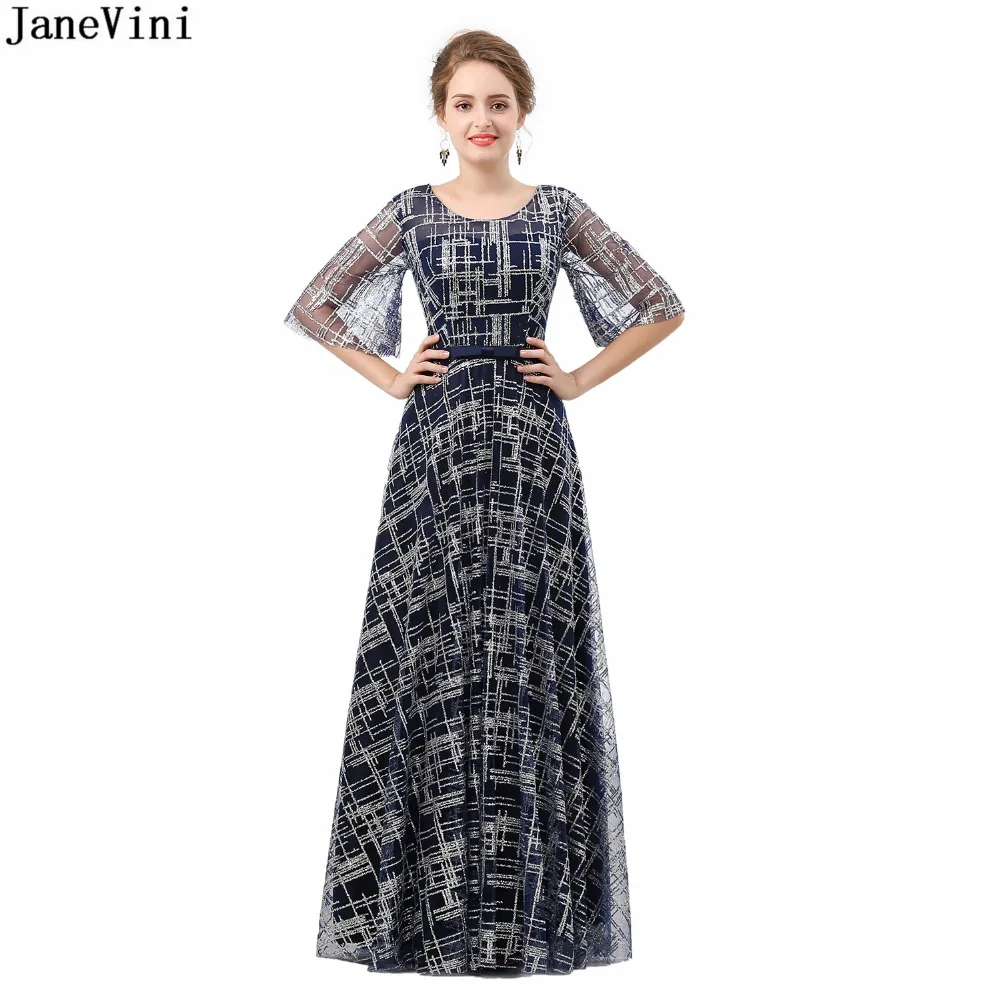 

JaneVini Sparkle Navy Blue Bridesmaid Dresses Scoop Neck Half Sleeves A Line 2019 Luxury Floor Length Prom Party Gowns for Women