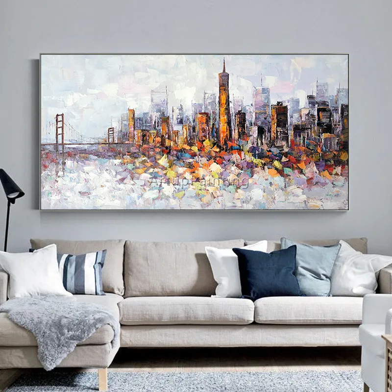 

Hand painted New York Cityscape oil painting Palette knife texture abstract painting on canvas wall art picture for living room