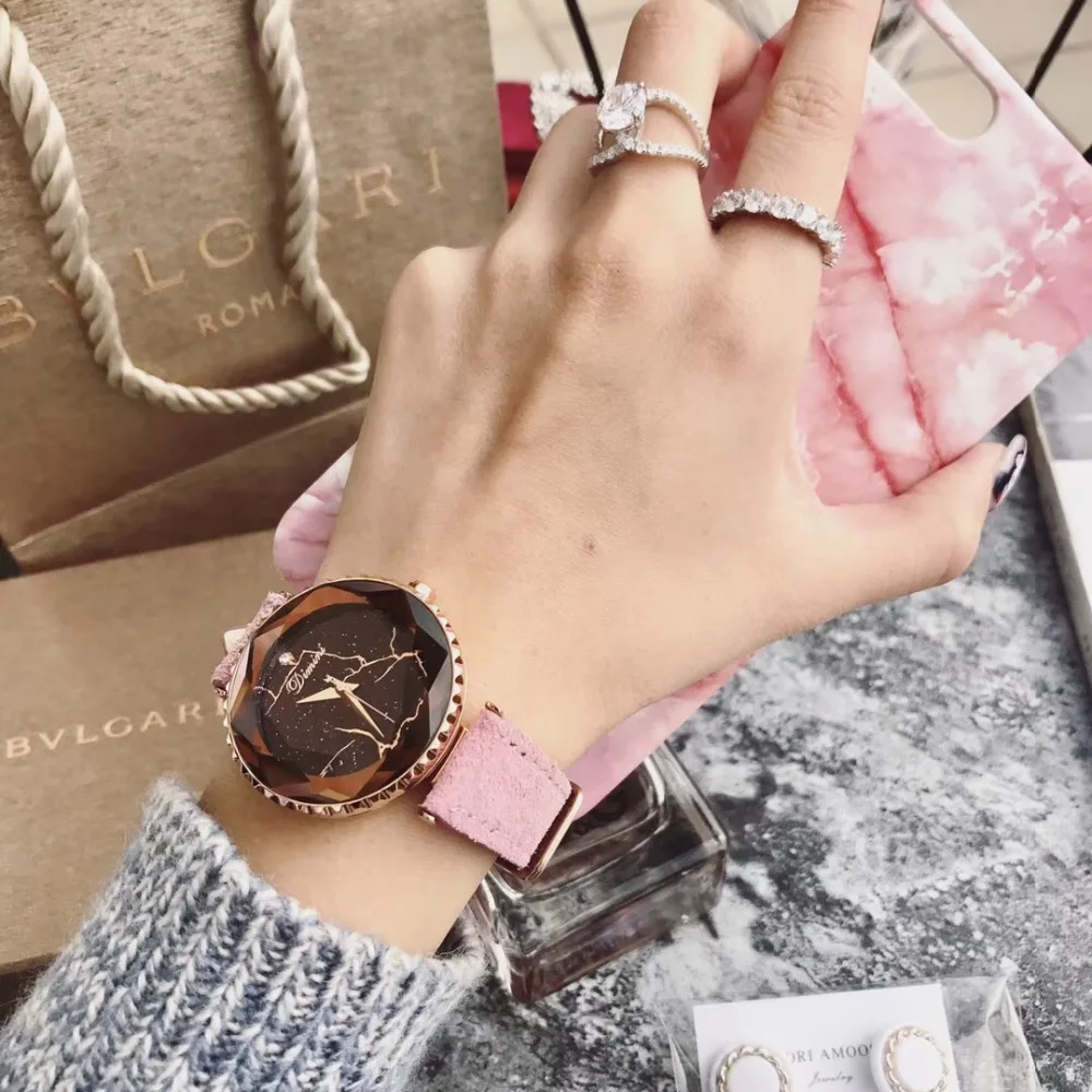 Personalized Women Fashion Faceted Crystal Watches Cool Lightning Wrist watch Waterproof Fur Leather Strap Watch Quartz Montre