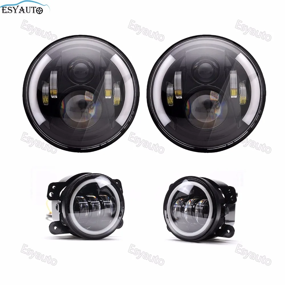 

Black 7 Inch LED Offroad Headlamps Car Driving Lights 60W H4/H13 + 4" Auxiliary Passing Lamps White Angel Eyes for Jeep