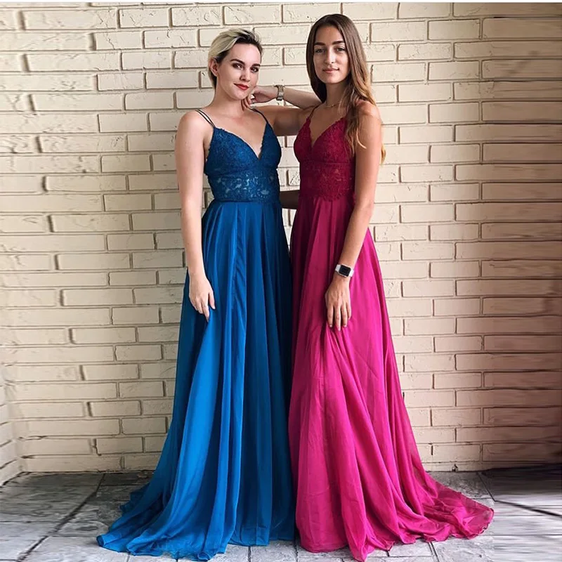 Cinghie di Spaghetti Blu Rosa Abiti da ballo Chiffon Lungo Appliques Formale Abiti Del Partito 2019 Abiti Da Ballo Vestido De Formatura Vendita Calda