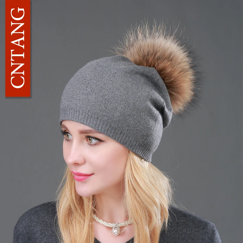 Autumn Winter Knitted Wool Hats For Women Fashion Pompon Beanies Fur Hat Female Warm Caps With Natural Genuine Raccoon Fur Cap