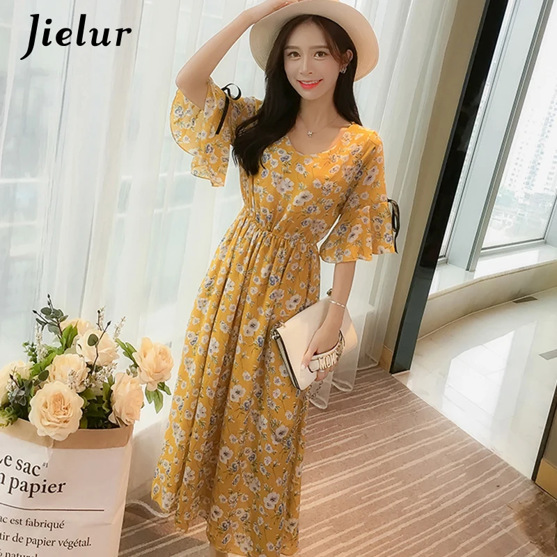 Jielur V-neck Chiffon Floral print Summer Women Dresses Korean Sweet Slim Bow Ruffles Dress Vintage Harajuku Vacation Vestidos