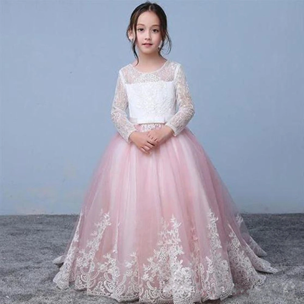 

Vintage Flower Girl Dress with Lace Appliques Long Sleeves Zipper Back Toddler Party Dress JewelNeck Custom Made Kids Prom Dress