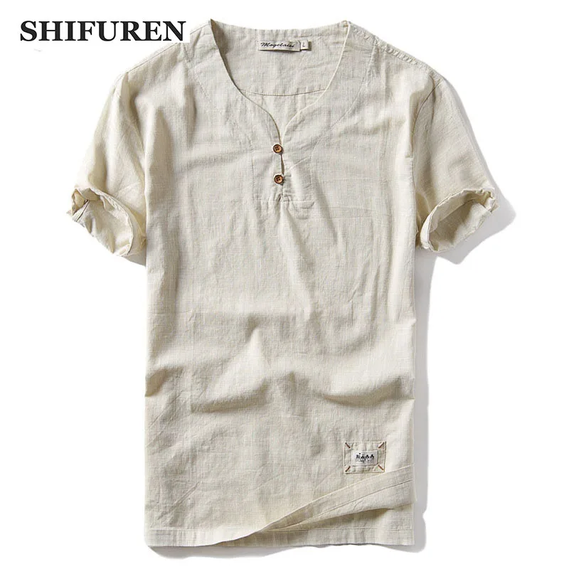 

SHIFUREN Breathable Causal Men Cotton Linen Shirts Traditional Chinese Style Loose Fit New Summer Short Sleeve Dress Shirts