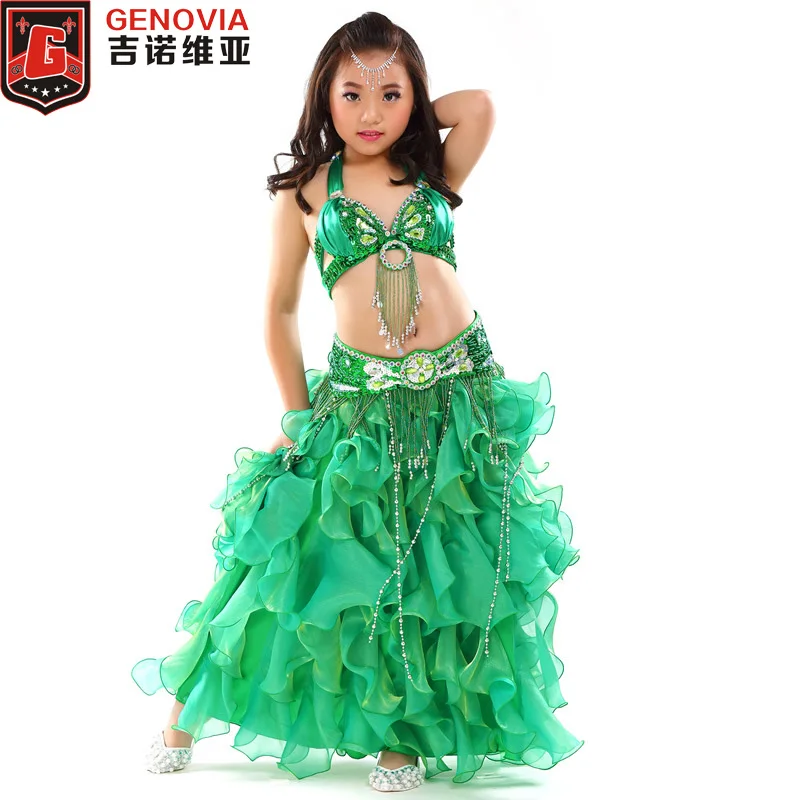 

Girl Kids Beaded Belly Dance Costume Indian Dance Costumes Oriental Bellydance Sequin Top Bra & Belt & Skirt Suit 8 Colors