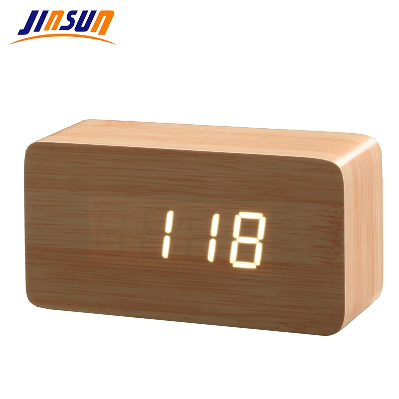 JINSUN Best High-end Alarm clocks Thermometer Wood Wooden LED Digital Voice Table Clock Digital Clock Wekker KSW103-C-BN