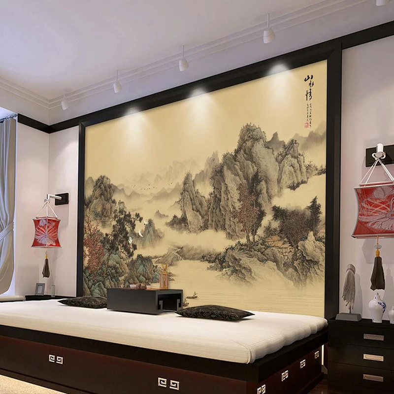 Decorative wallpaper Chinese style artistic conception abstract ink scene of sitting room background wall