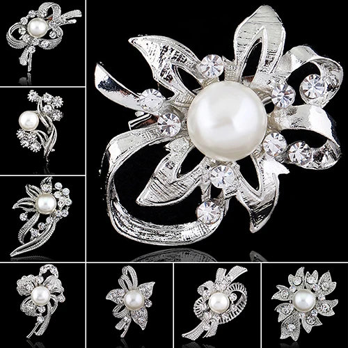 Classic Rhinestone Crystal Women Flower Brooches Bridal Bouquet Pin Simulated Pearl Broches Crystal Brooch Pins Women