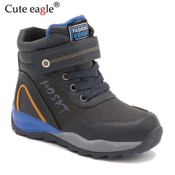 Cute eagle New Waterproof Winter Snow Boots Boys Pu Leather Mid-Calf Child's Shoes Plush Rubber Winter Boots for Boys EU 27-32