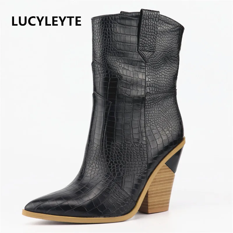 

LUCYLEYTE SIZE 33-46 New Stone grain Microfiber Leather women boots pointed toe autumn winter boots ladies wedges boots shoes