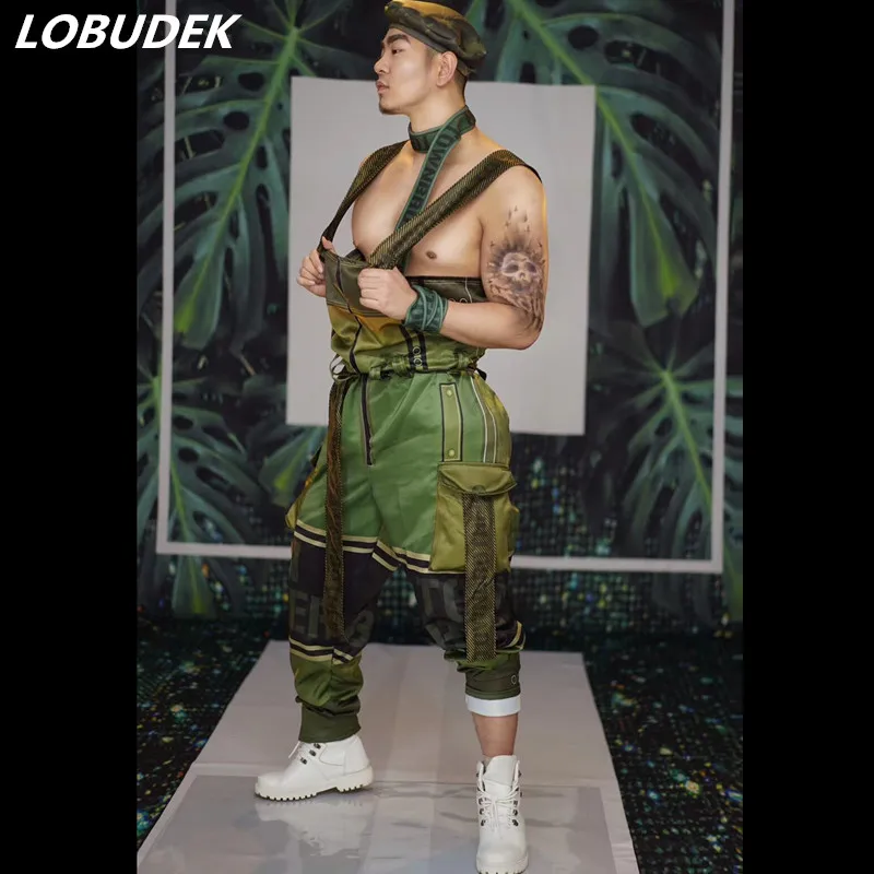 Men Women Style Modern Dance Costume Sexy Bar Nightclub Stage Wear Army Green Jumpsuit Rompers Sleeveless Loose Overalls DJ Show