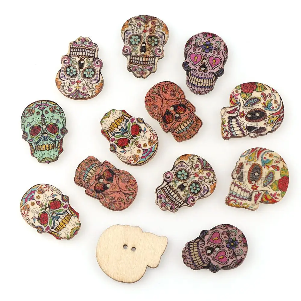 50pcs Wood Day Of The Dead Sewing Vintage Buttons Scrapbooking 2 Holes Sugar Skull At Random 24.5mm(1