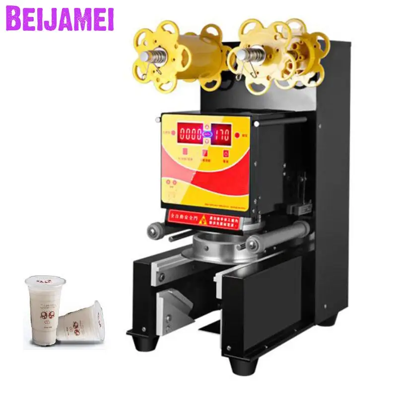 BEIJAMEI bubble tea equipment automatic yogurt cup sealing machine / sealer machine for milk juicer cup 95mm 90mm