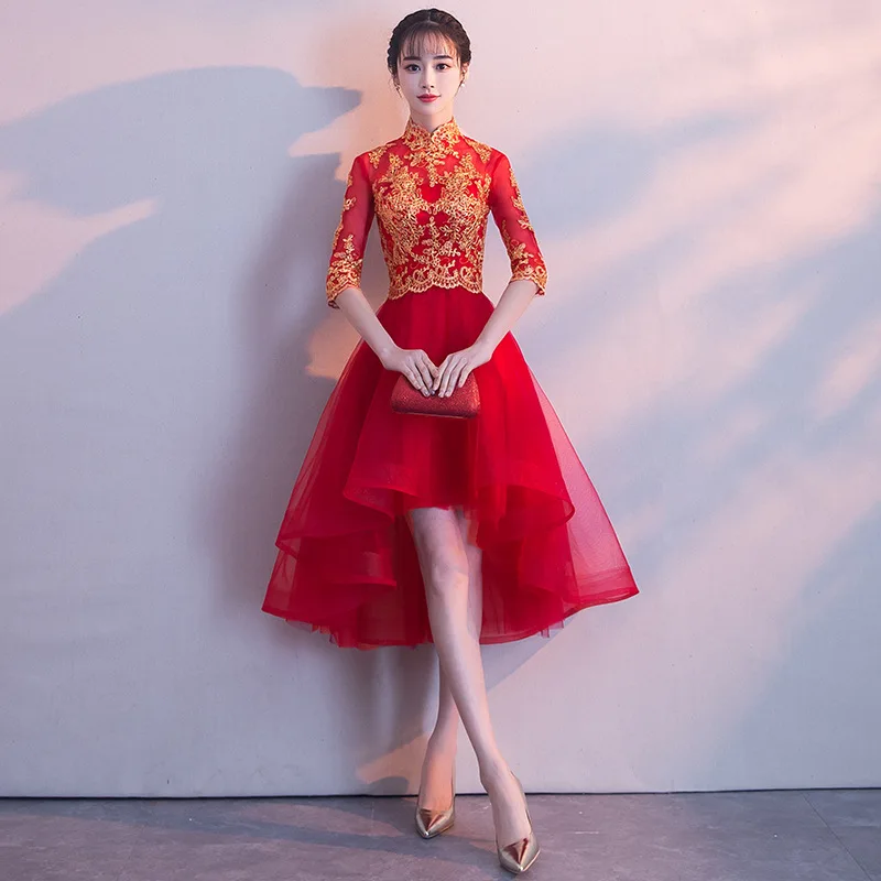 Novelty Chinese Female Long Qipao Marriage Clothes RED Oriental Bride Wedding Dress Elegant Slim Mandarin Collar Cheongsam