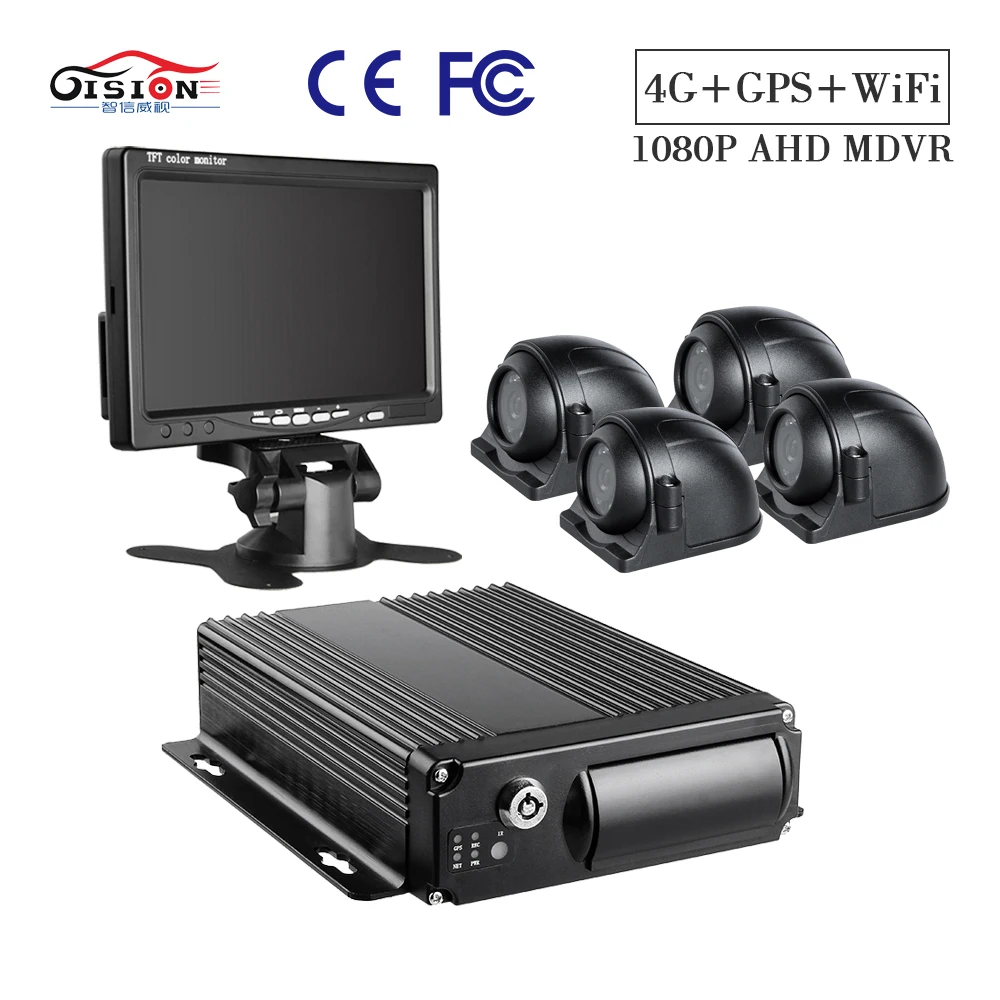 

GISION VGA Monitor 4PCS Side Metal Security Camera 4CH SD card 4G GPS Wifi Mobile Dvr Kit For Taxi Bus Van Security Survelliance