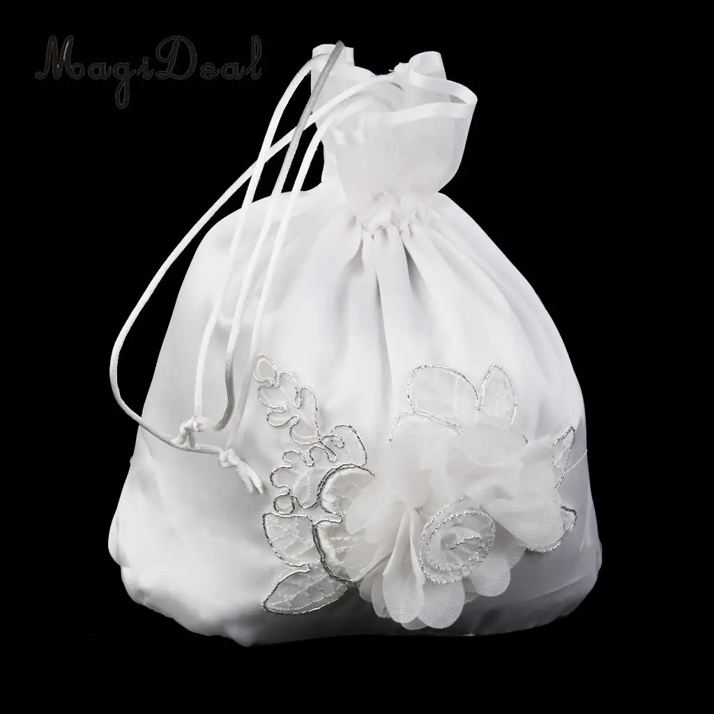 MagiDeal Satin Pearl Rhinestone Wedding Bridal Flowers Girls Dolly Bag Handbag Wedding Party Favors Gifts Candy Bag