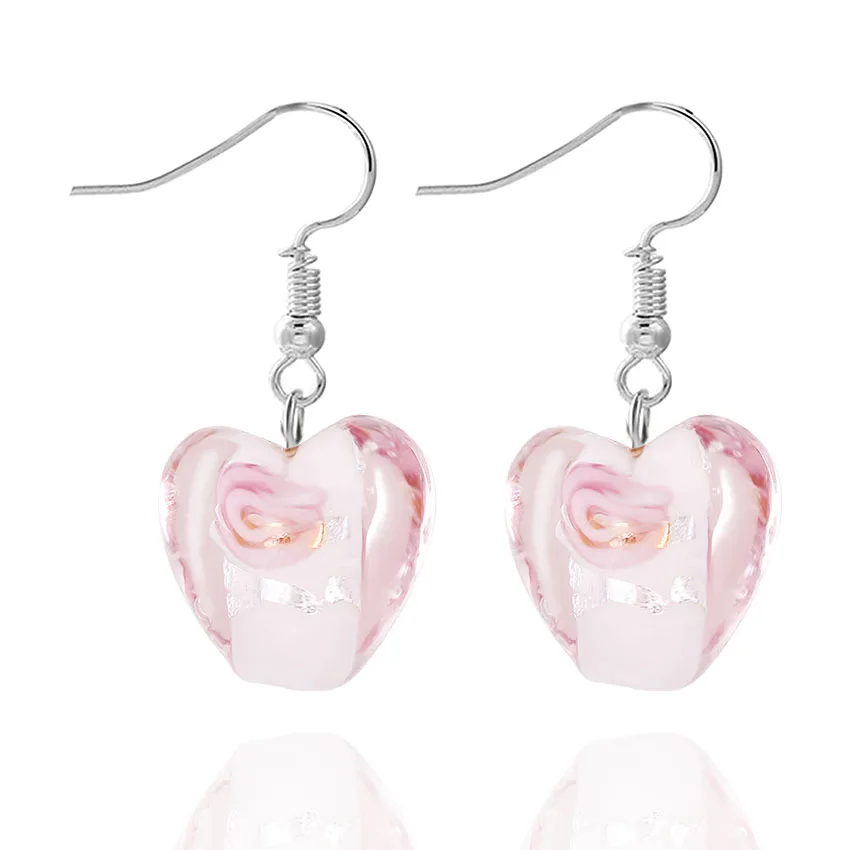 QIANBEI Mix Color Hand-made Murano Glass Women\'s Romatic Elegant Classic Dangle Rose Flower Heart Earrings