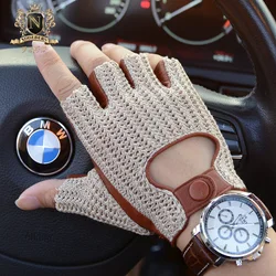 Latest Man Locomotive Half Finger Sheepskin Gloves Knitted + Leather Driving Gloves Male Semi-Finger Fitness Gloves M-61