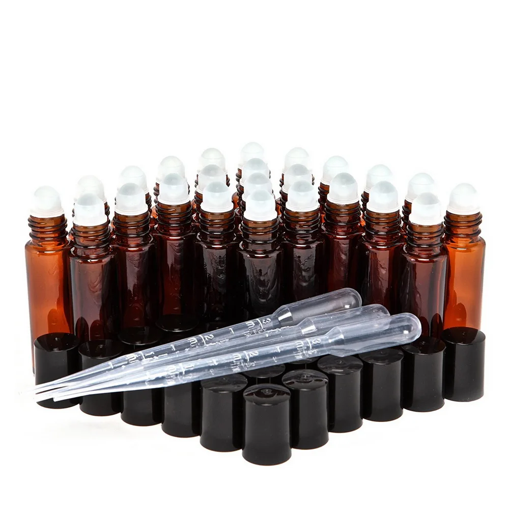 24pcs 10ml Amber Glass Roll On Bottle Travel Empty Vials with Stainless Steel Metal Rollers Ball for Essentials Oils Doterra