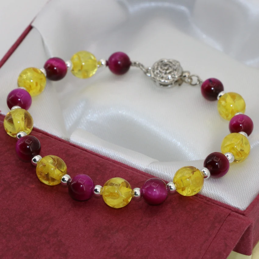 Beautiful fashion 8mm faux yellow resin beeswax 6mm natural red tiger stone beads round clasp bracelets jewelry 7.5inch B2753