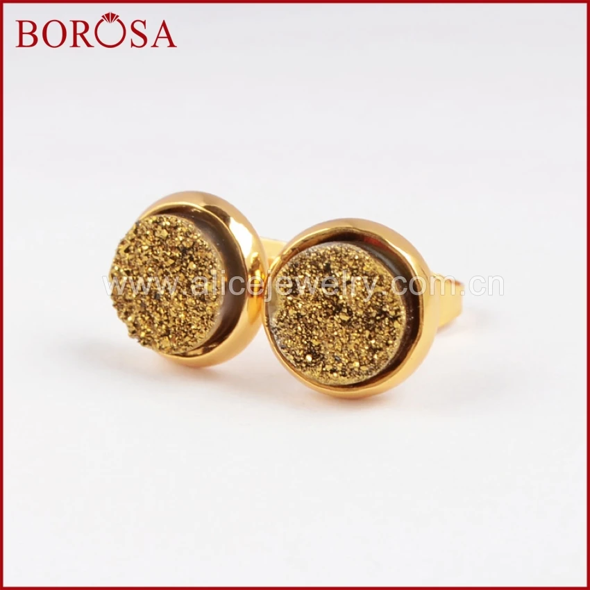 

BOROSA 8mm Quartz Crystal Stud Earrings For Lady Natural Champagne Titanium AB Druzy Gold Color Stud Earrings G198-4