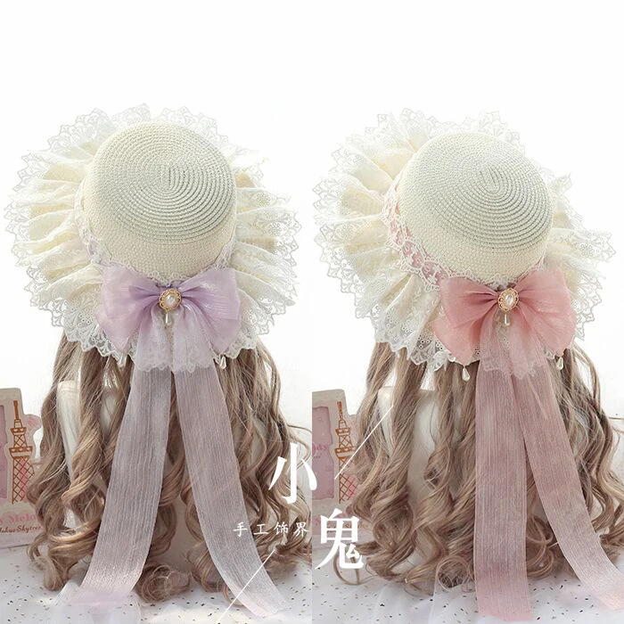 Lolita mermaid Jizhuguang big bow ribbon ribbon Japanese sweet fairy lace soft sister shade grass hat