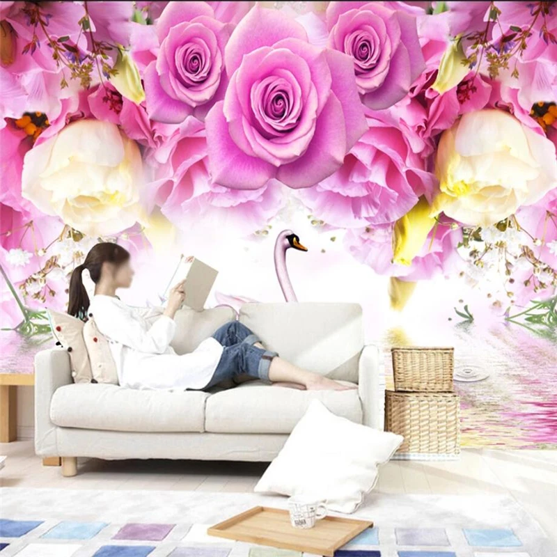 wellyu Custom wallpaper 3d photo murals purple rose swan fashion background wall living room bedroom restaurant wallpaper обои