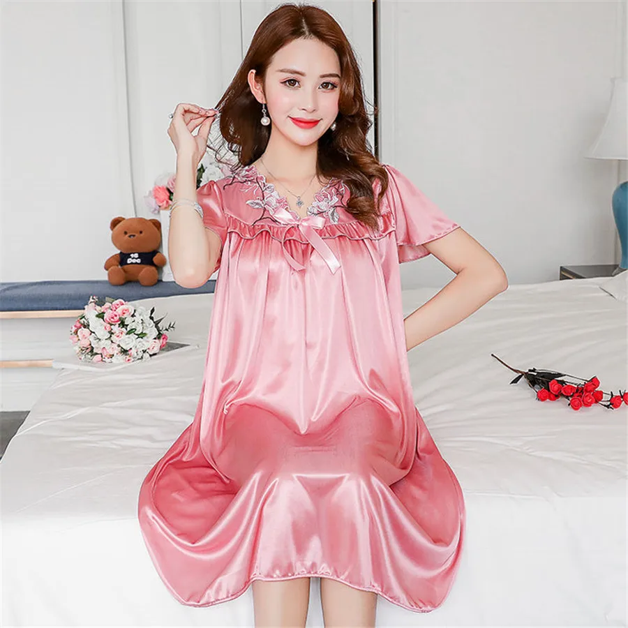 2021 NEW Summer Ice Silk Nightgown Female Home Service Loose Plus size Comfort Imitation Silk Sexy Pregnant Woman Nightdress