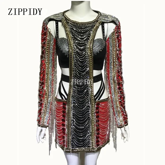 

Sparkly Crystals Black Red Rhinestones Dress Sexy Stage Wear Chains Design Costume Female Singer Performance Outfit