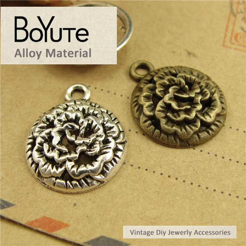 BoYuTe (100 Pieces/Lot) 17*20MM Vintage Style Antique Bronze Silver Plated Roses Pendant Hollow Charms for Diy Jewelry Makings