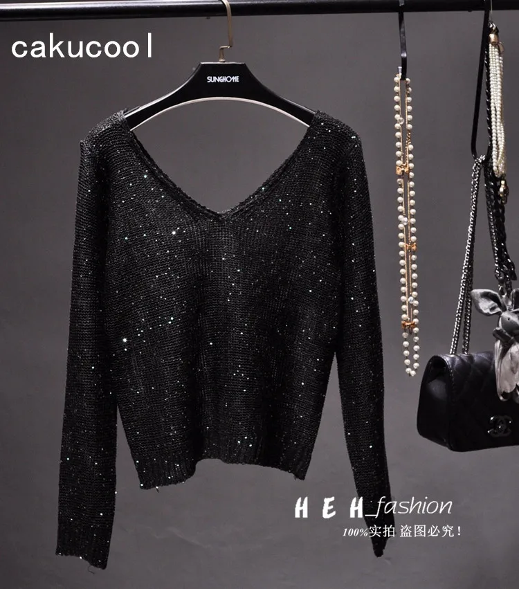 Cakucool New Women Sequined Sweaters Thin Black Long Sleeve V-neck Jumper Backless Sexy Bling Party Knit Pullover Sweater Lady