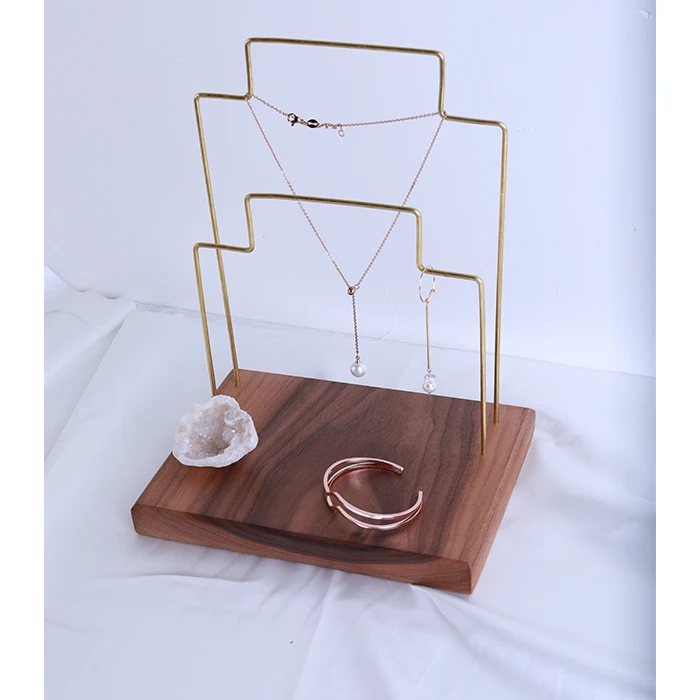 Black Walnut Wood Metal Stick Double Necklace Pendant Display Holder Jewelry Display Stand Chain Display Rack