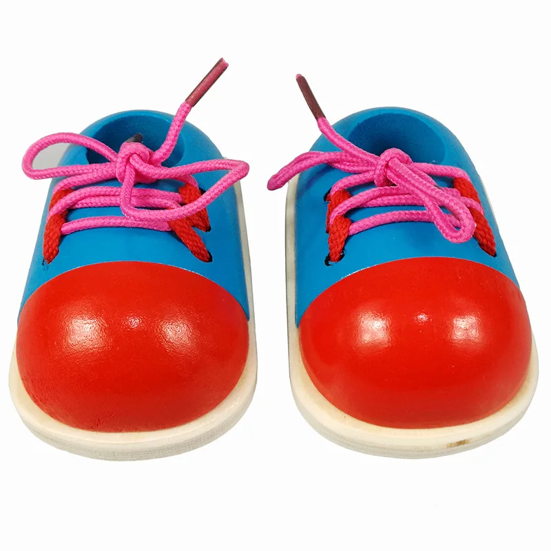 2 pçs crianças montessori educacional brinquedos de madeira gravata sapatos rendas até sapatos brinquedos criança lacing sapatos cedo educacional aprendizagem brinquedos