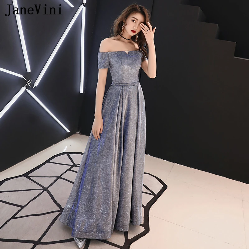 

JaneVini Glitter Long Evening Dresses 2019 Elegant Boat Neck Short Sleeves Abendkleider Floor Length African Formal Party Dress