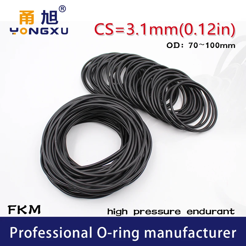 Black FKM fluororubber Rubber O-rings Seals CS3.1mm OD70/72/75/80/85/90/95/100*3.1mm ORings Seal Gasket Oil Ring Sealing Washer