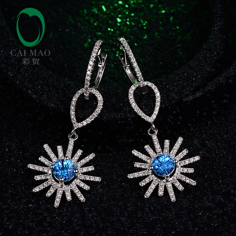 Caimao Solid 14K White Gold Natural Topaz Diamond Snow Shape Drop Earrings Free Shipping