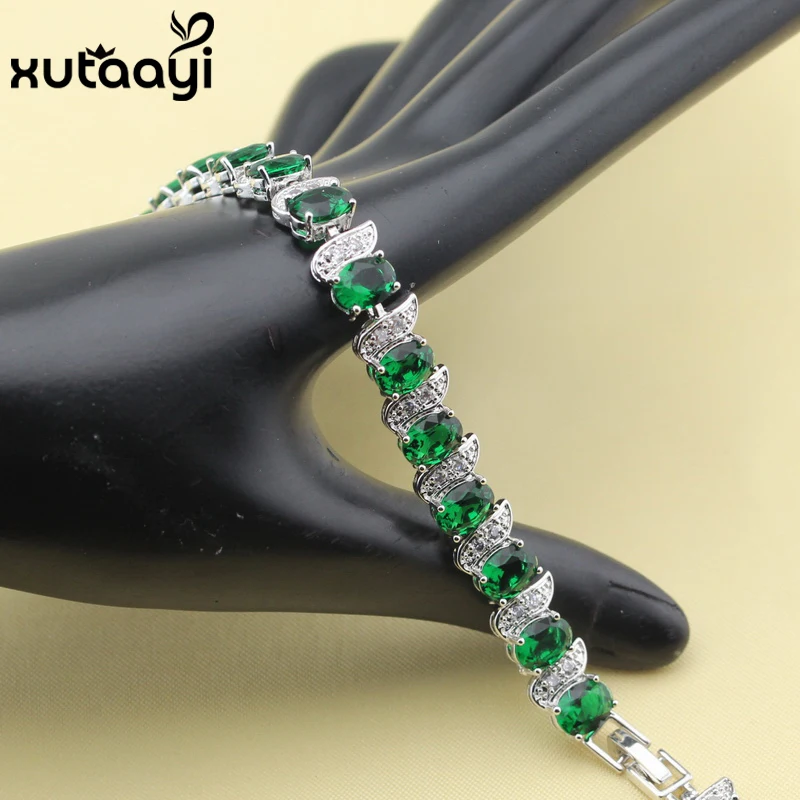 Hot Sell Fashion Silver Color Jewelry Green Imitated Emerald White Austrian Crystal Chain-Link Bracelet length 18+2cm For Women