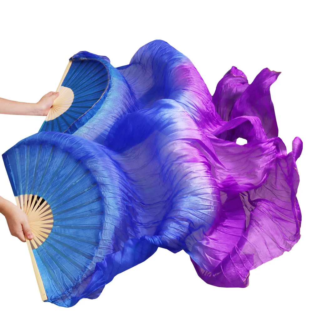 High Quality 100% Real Silk Veils 1 Pair Handmade Dyed Women Belly Dance Silk Fans Dabce Performance Props Blue+Purple 180*90 cm