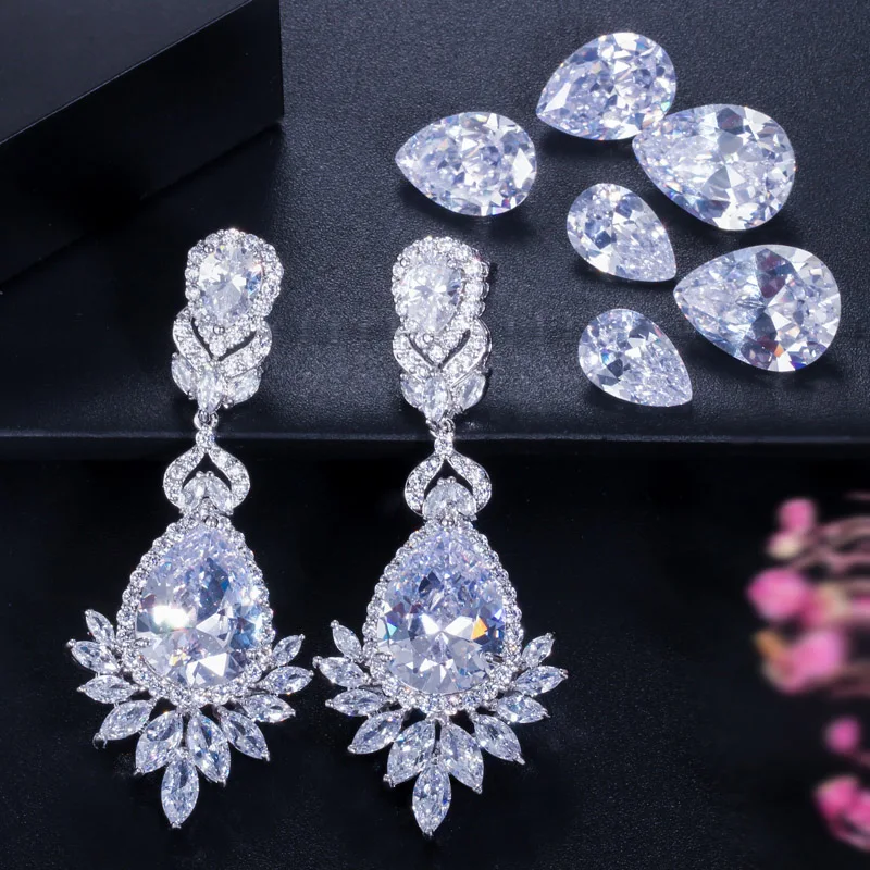 CWWZircons Wunderschöne Königliche Rote Zirkonia Lange Braut-Hochzeits-Ohrringe mit Großen Tropfen in Marquise-Schliff, Schmuckgeschenk für Bräute, Großhandel E0003 – Detail 10