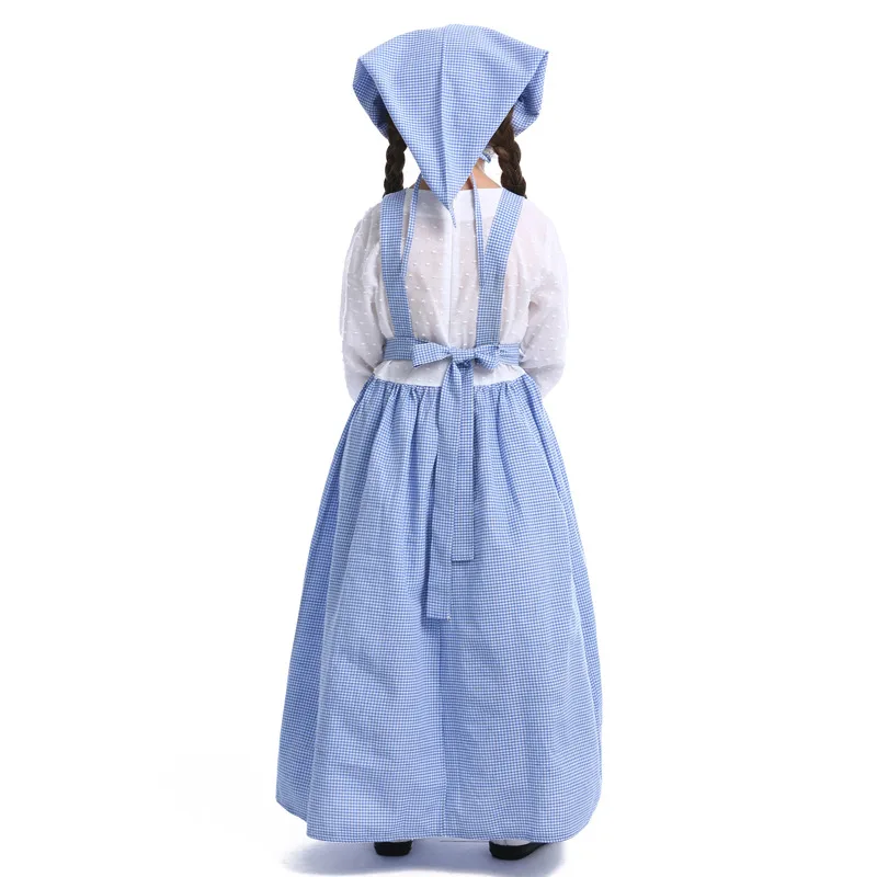 Girl Japanese Cosplay Costume Kids Belle Maid Sailor Lolita Dress Plaid Lace Blue/ Girls Halloween Costume Free Headwear