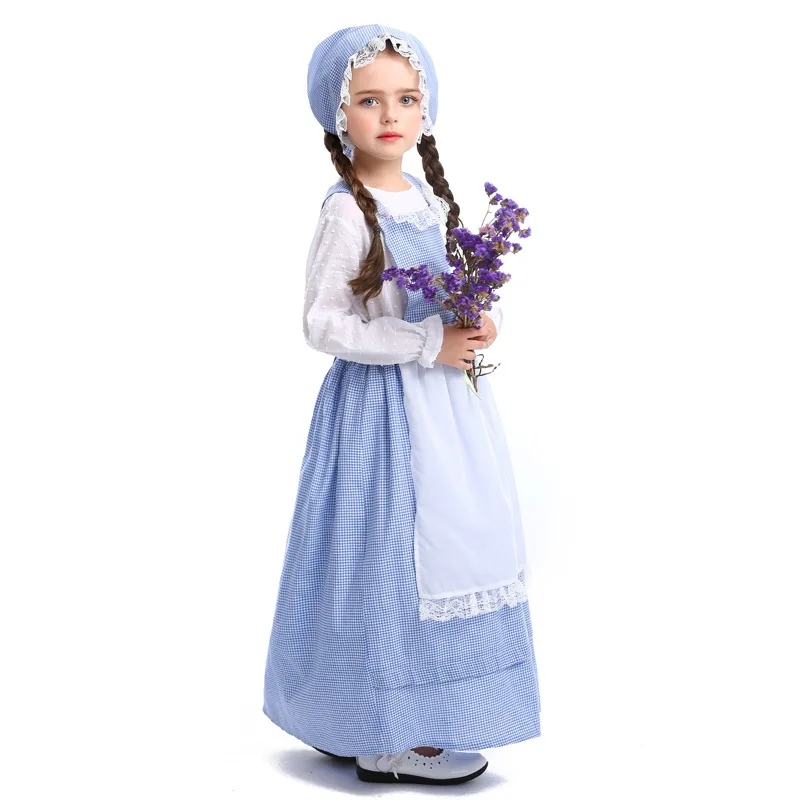 Girl Japanese Cosplay Costume Kids Belle Maid Sailor Lolita Dress Plaid Lace Blue/ Girls Halloween Costume Free Headwear